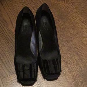 Browns, satin and leather, women’s open toe heels size 9 1/2